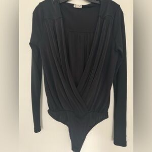 Free People Elegant Black Draped Bodysuit